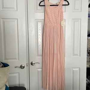 NWT Altar’d state soft pink - peach lace top sheer skirt maxi dress size small